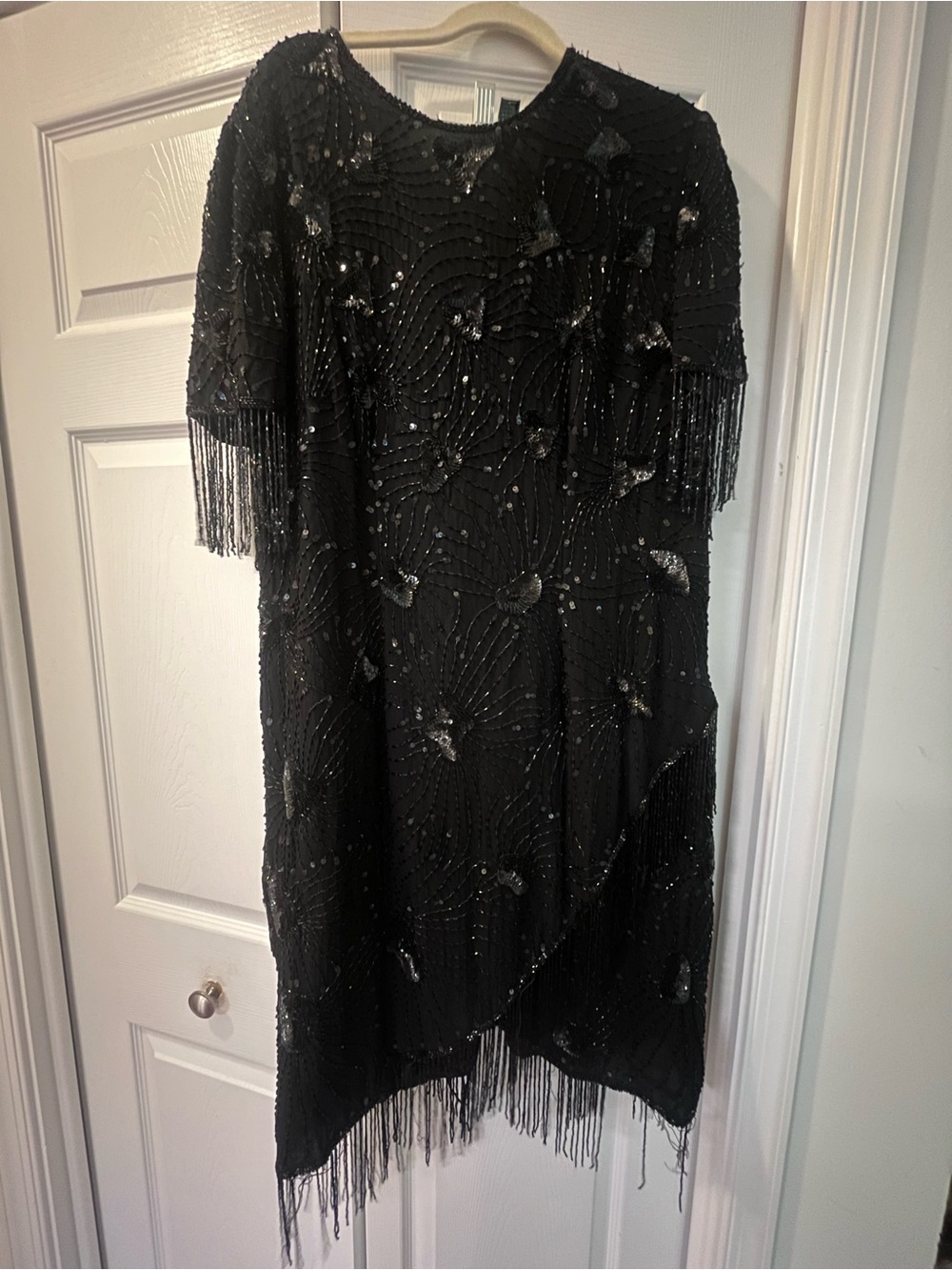Beaded Black Vintage Flapper Wrap Fringe Dress - Plus Size